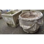 Two cast concrete garden planters comprising, one square and one circular