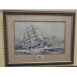 B. Sweat: a framed watercolour, depicting a three masted sailing vessel on choppy seas - signed