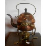 A J & F Pool, Hayle, copper Art Nouveau embossed spirit kettle with brass stand and burner