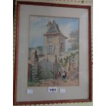 A framed late 19th Century watercolour, depicting figures outside a gated building - later title