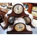 Four vintage oak cased Napoleon hat mantel clocks comprising three striking and one chiming example