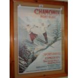 A pine framed reprint of a Chamonix, Mont Blanc coloured promotional poster