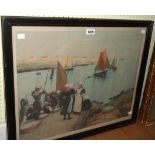 Manuel Robbe: a framed coloured print, depicting fisherwomen on a quayside - signed in pencil to the