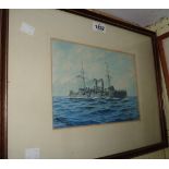 A. Sany: a framed watercolour, depicting the Royal Navy cruiser H.M.S. Crescent - signed and dated