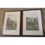 A pair of old oak framed hand coloured horse racing etchings, one entitled 'The First Fence', the