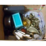 A box containing a quantity of assorted brassware, silver plate and collectable items