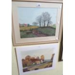 Two modern original oil paintings, both depicting rural views with buildings