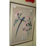 A framed late Chinese painting on textile, depicting a perching bird - signed