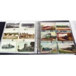 A maroon album containing a collection of early 20th Century postcards including views, railway,