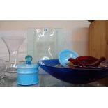 A quantity of decorative glassware including large ribbed bowl, carnival glass bowl, etc.