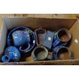 A box containing a quantity of Barbados Earthworks studio pottery comprising mugs, bowls, vase,