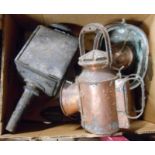 A box containing a quantity of metalware comprising copper warmer, railway signaling lamp, old
