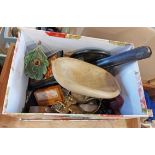 A box containing a quantity of assorted collectable items including mineral geode, carved elephant