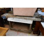 A 1.52m vintage work bench with Record No.1 and Record No.57 vices