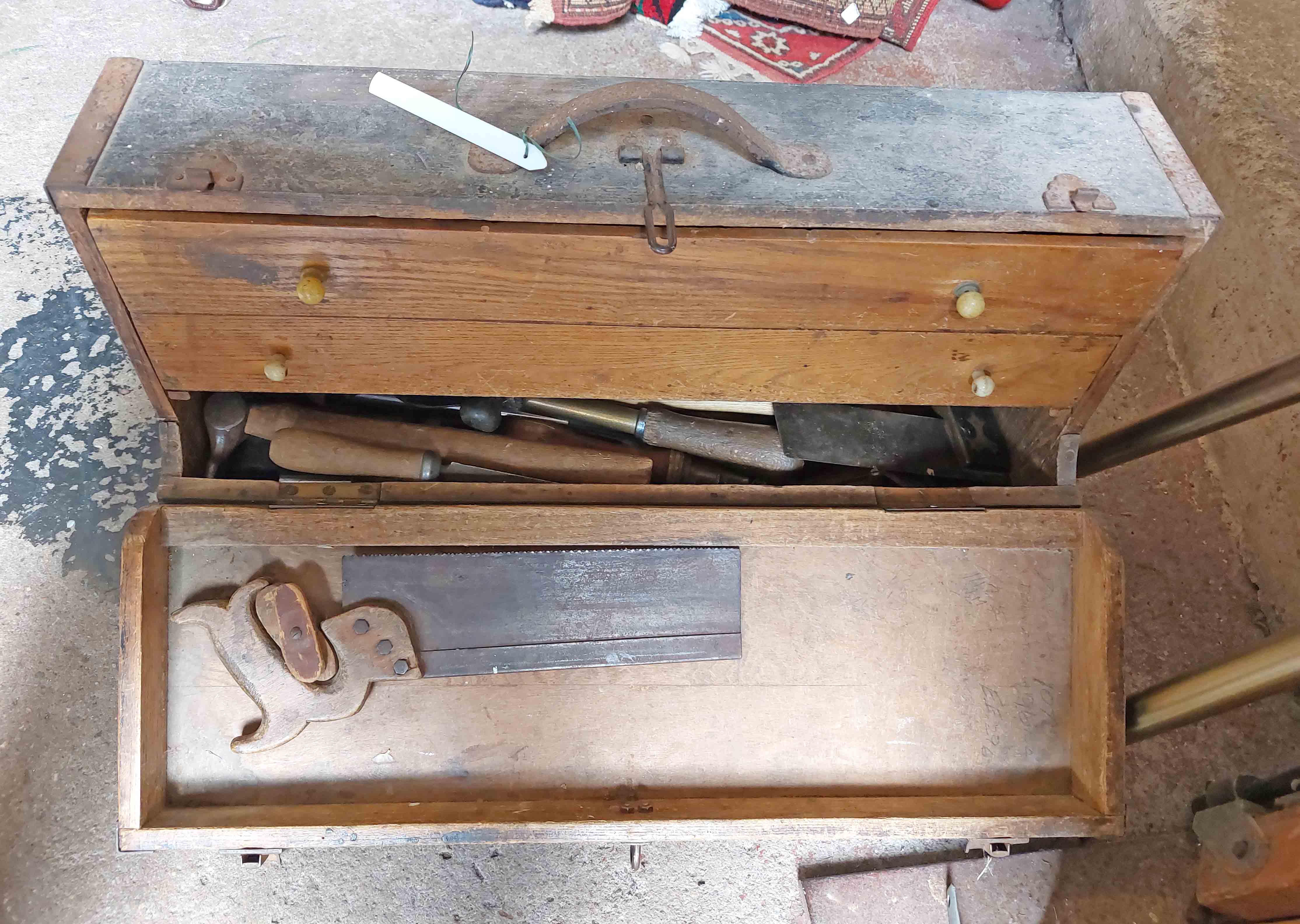 An old painted mixed wood carpenter's tool chest with drawer fitted interior containing a quantity - Image 2 of 2