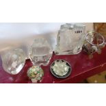 A small selection of glass paperweights including bear and sea lion decorated slab shard examples