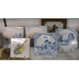 Four 18th Century blue and white delftware tiles - sold with a similar polychrome framed example and