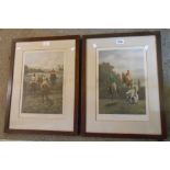 A pair of old oak framed hand coloured horse racing etchings, one entitled 'The First Fence', the