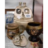 A studio pottery owl sculpture by Richard Parkinson, a Biddy Picard figurine depicting a cat and