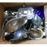 A box containing a quantity of silver plated items including various sauce boats, set of four