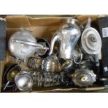 A box containing a quantity of silver plated items including teaware, spirit kettle, hors d'