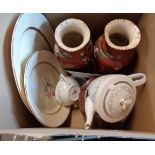 A box containing a quantity of assorted ceramic items including Japanese late satsuma vases,