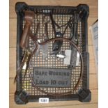 A box containing a small quantity of metalware including gin trap, mole trap, sheep sheers, cast