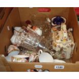 A box containing a quantity of assorted ceramic and glass items including Masons Ironstone Nabob tea