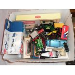 A box containing a quantity of diecast model cars including LLedo Unigate set, Dinky Rolls Royce