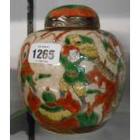 A Chinese crackle glaze ginger jar and lid decorated with warriors in coloured enamels