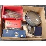 A quantity of collectable items including a boxed Kershaw folding camera, metal cased wall