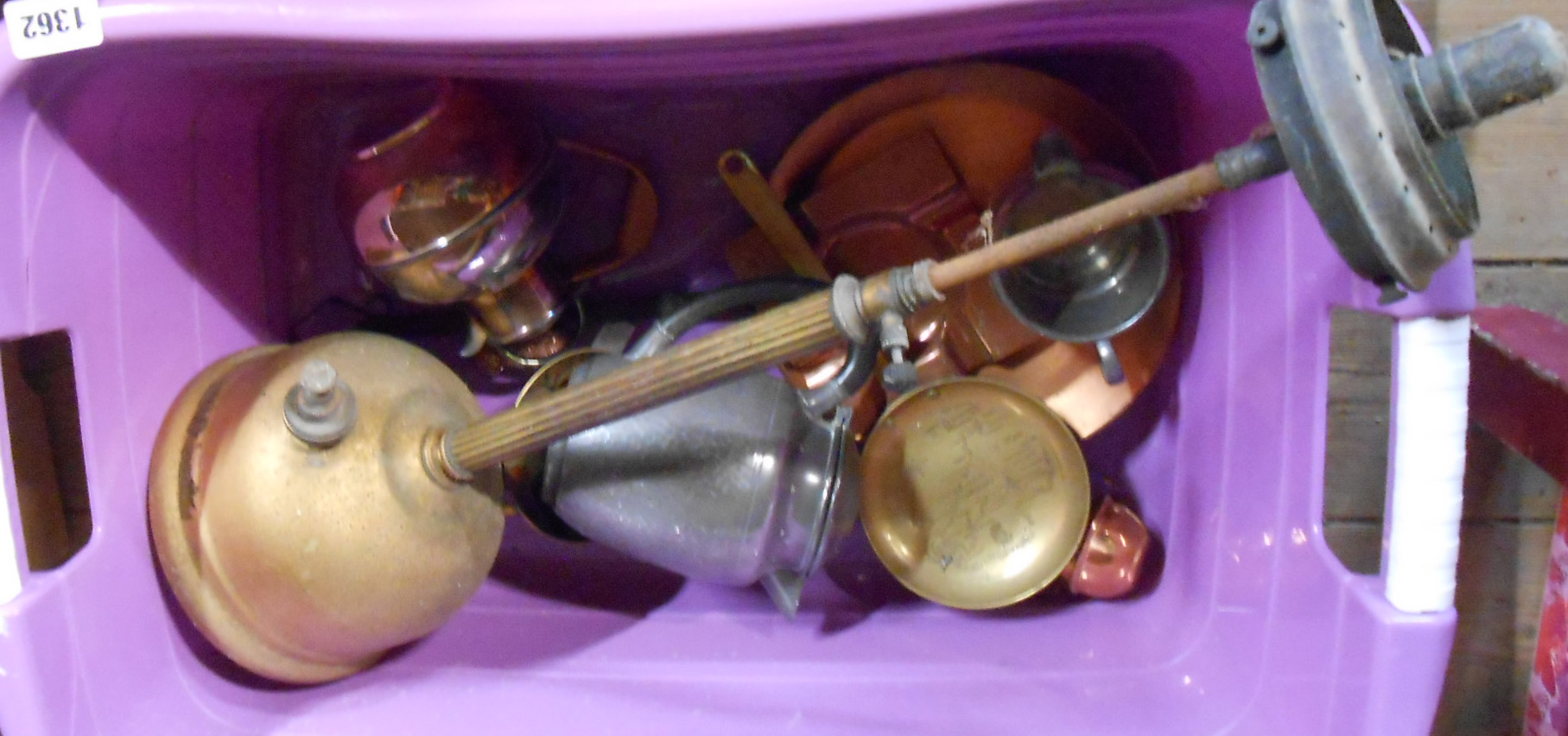 A crate containing a quantity of assorted metalware including Jersey milk can, pewter ware, etc.