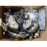 A box containing a quantity of silver plated items including pierced baskets, teaware, casters and