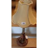 A vintage painted and lacquered wooden table lamp of candlestick form with shade