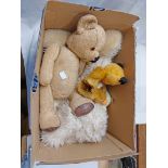 A box containing a small quantity of soft toys including teddy bear, Chad Valley Sooty glove puppet,