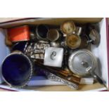 A box containing small silver plated items, Art Deco combination cigarette/compact case, plated