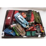 A tray containing a quantity of die cast cars including Dinky Chieftain tank, Captain Scarlet