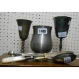 A small quantity of silver plated cutlery, 1977 goblet, pewter tankard, etc.