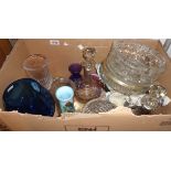 A box containing assorted glassware including bowls, decanters, etc.