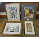 Three gilt framed textile pictures and a Japanese embroidery