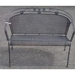 A black painted metal two seater garden bench with mesh back and seat