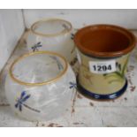 A Torquay pottery tobacco jar (no lid) - sold with two Dartington dragonfly decorated candle