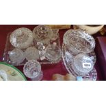 A quantity of glassware including part dressing table set, cut glass basket, vase, etc.