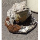 A small concrete garden statue depicting a frog