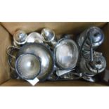 A box containing a quantity of small silver plated items including condiments, spoons, etc.