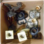 A box containing a quantity of assorted candlesticks including 1920's cast brass and wrought iron