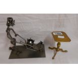 An antique cast brass miniature tilt-top tripod table - sold with a modern sculpture depicting a