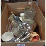 A box containing a quantity of ceramic and other collectable items including large resin silver