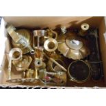 A box containing a quantity of small and miniature brassware items including miniature tripod table,