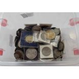 A tub containing a quantity of British and other coinage including 1933 Crowns, etc.